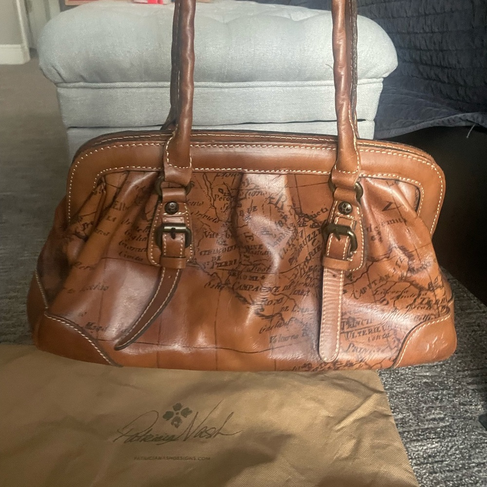 Patricia Nash Brown Leather Vintage Map Design Handbag